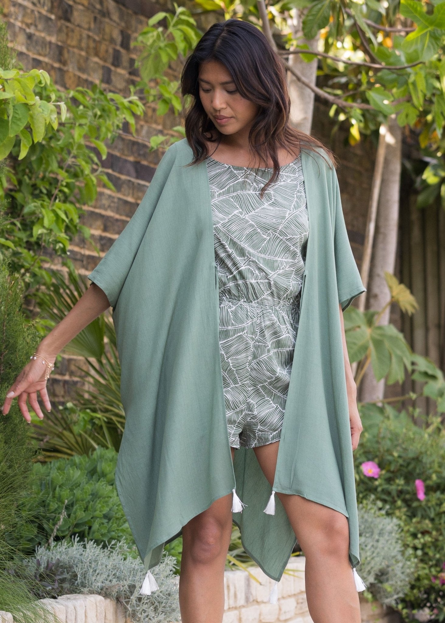 Kimono Beach Cover - Up in Verona Green with Tassels - likemary