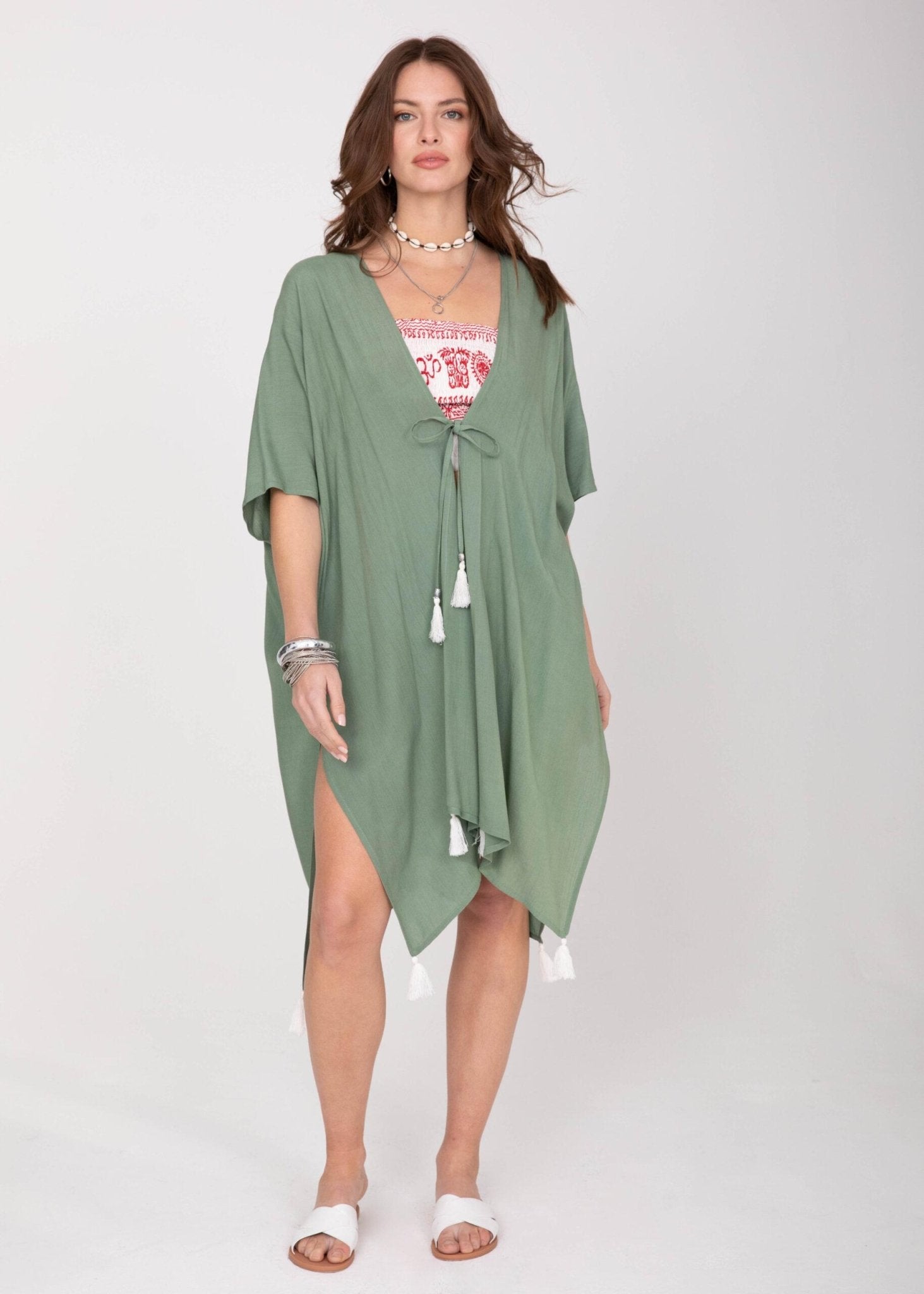 Kimono Beach Cover - Up in Verona Green with Tassels - likemary