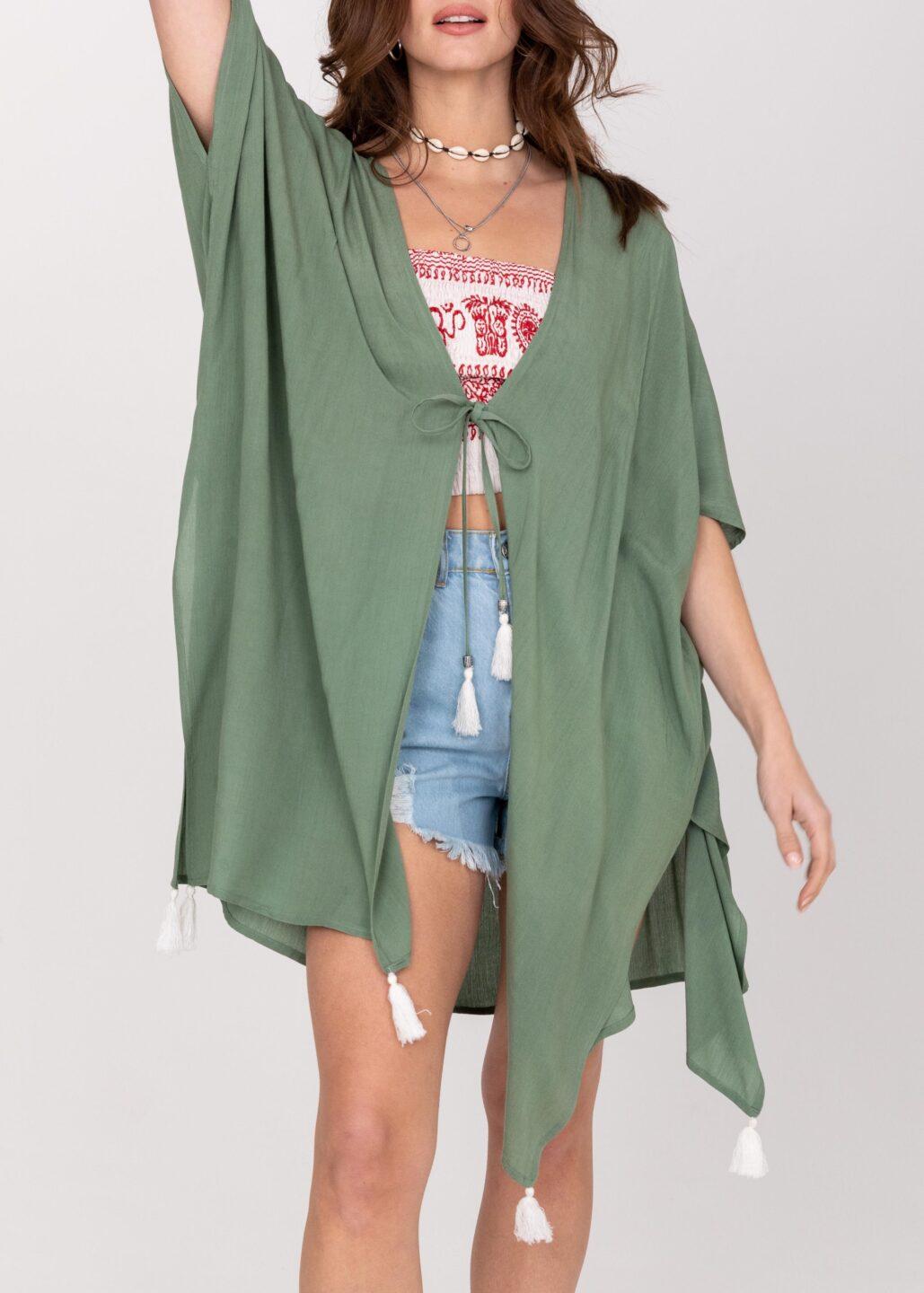 Kimono Beach Cover - Up in Verona Green with Tassels - likemary