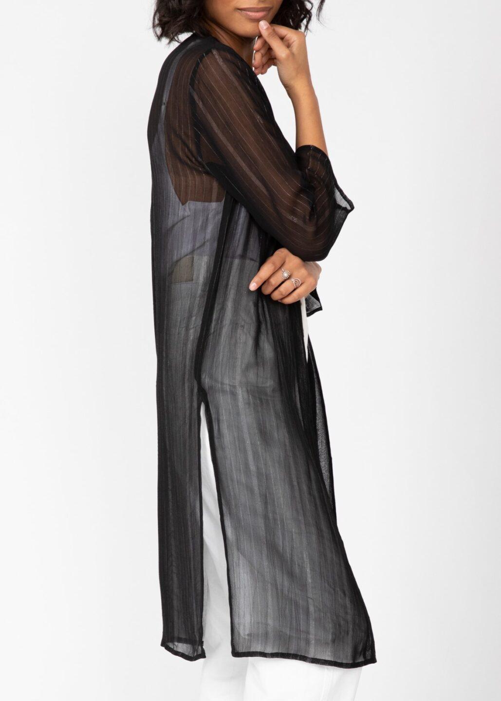 Kimono Cover Up in Sheer Black with Silver Sparkle - likemary