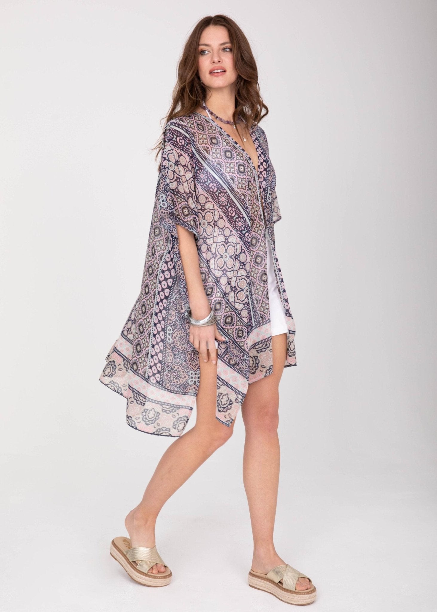 Kimono Cover Up with Belt in Pink Kaleidoscope Print - likemary