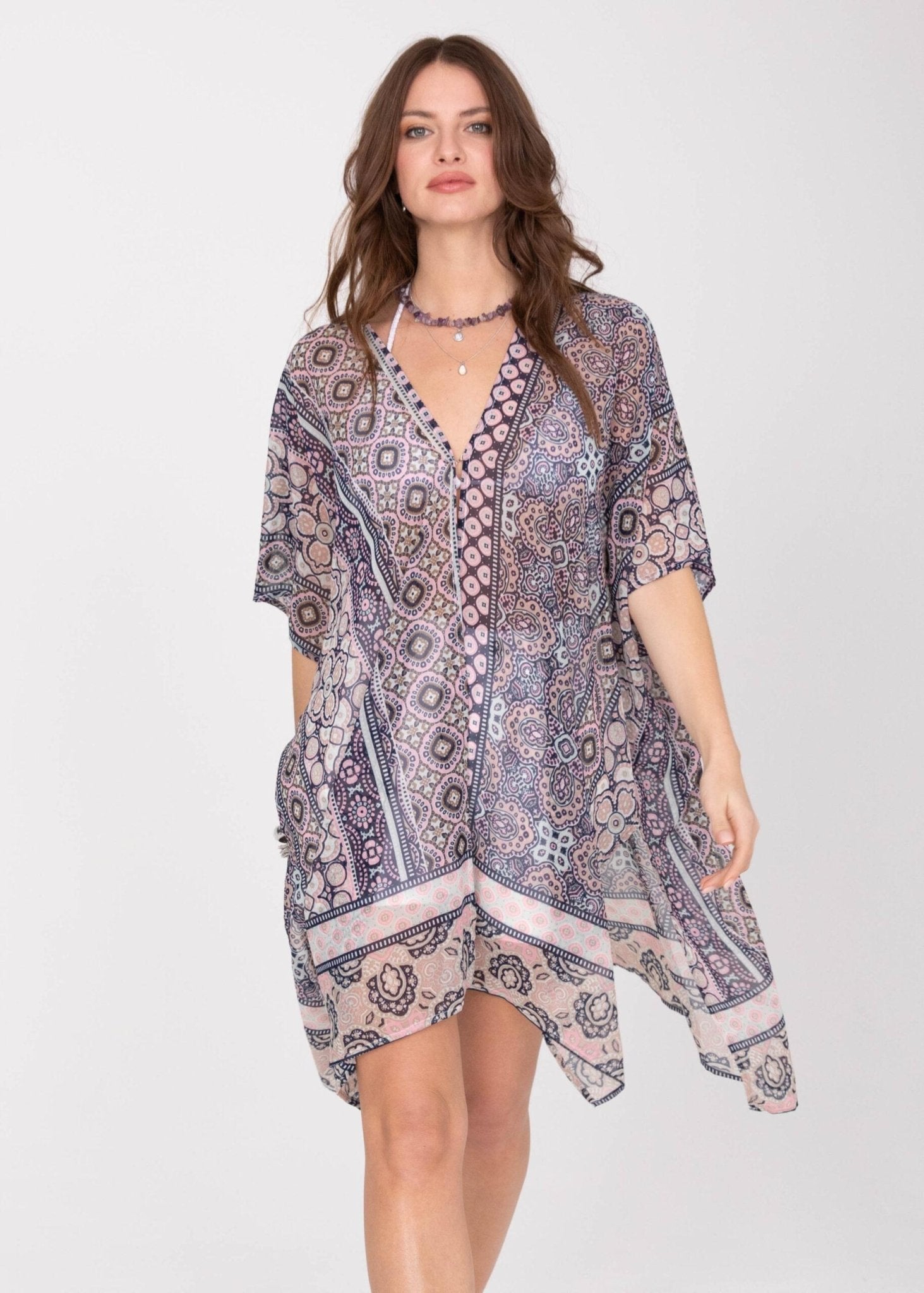 Kimono Cover Up with Belt in Pink Kaleidoscope Print - likemary