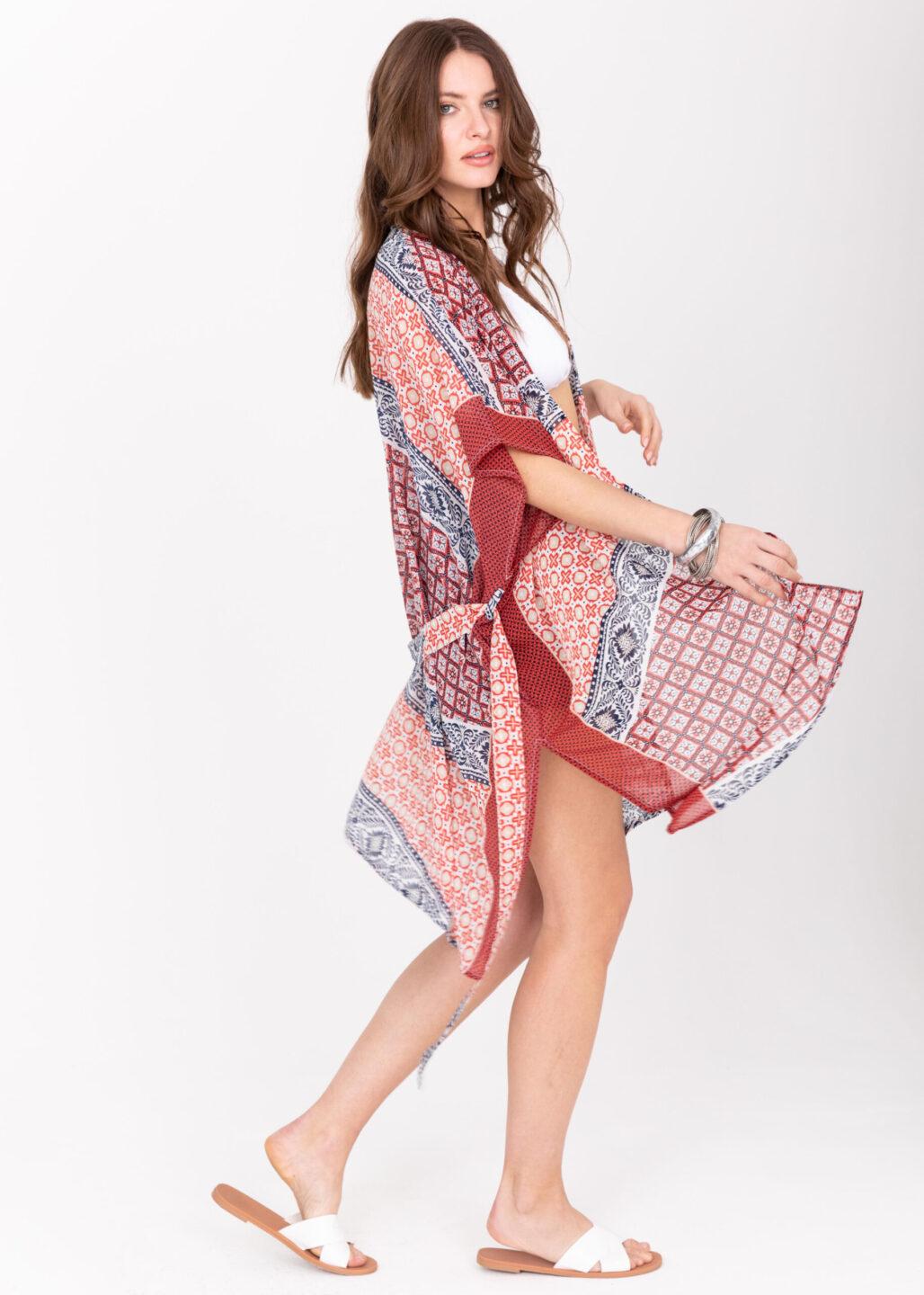 Kimono Cover Up with Belt in Red & Blue Marrakesh Print - likemary
