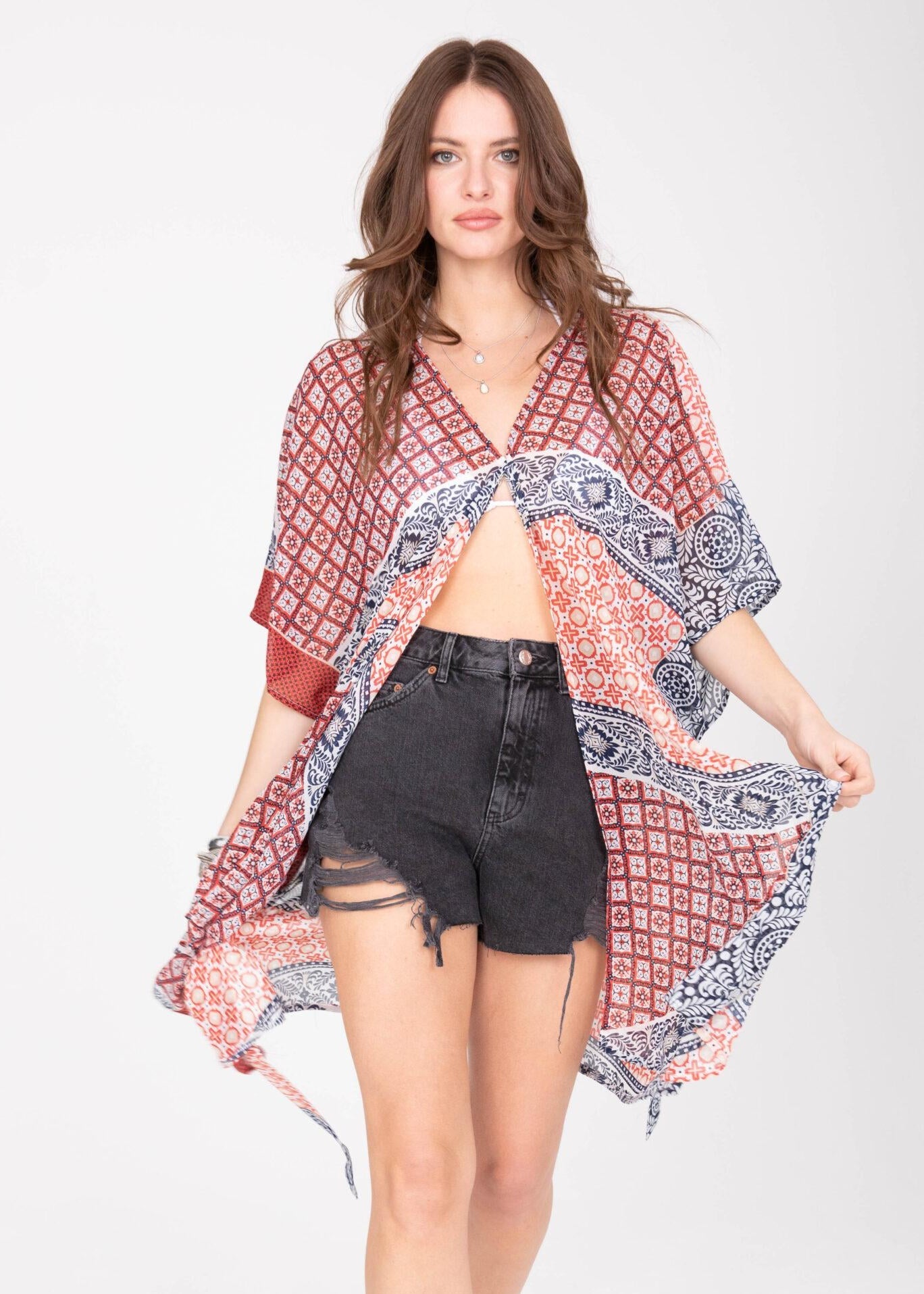 Kimono Cover Up with Belt in Red & Blue Marrakesh Print - likemary