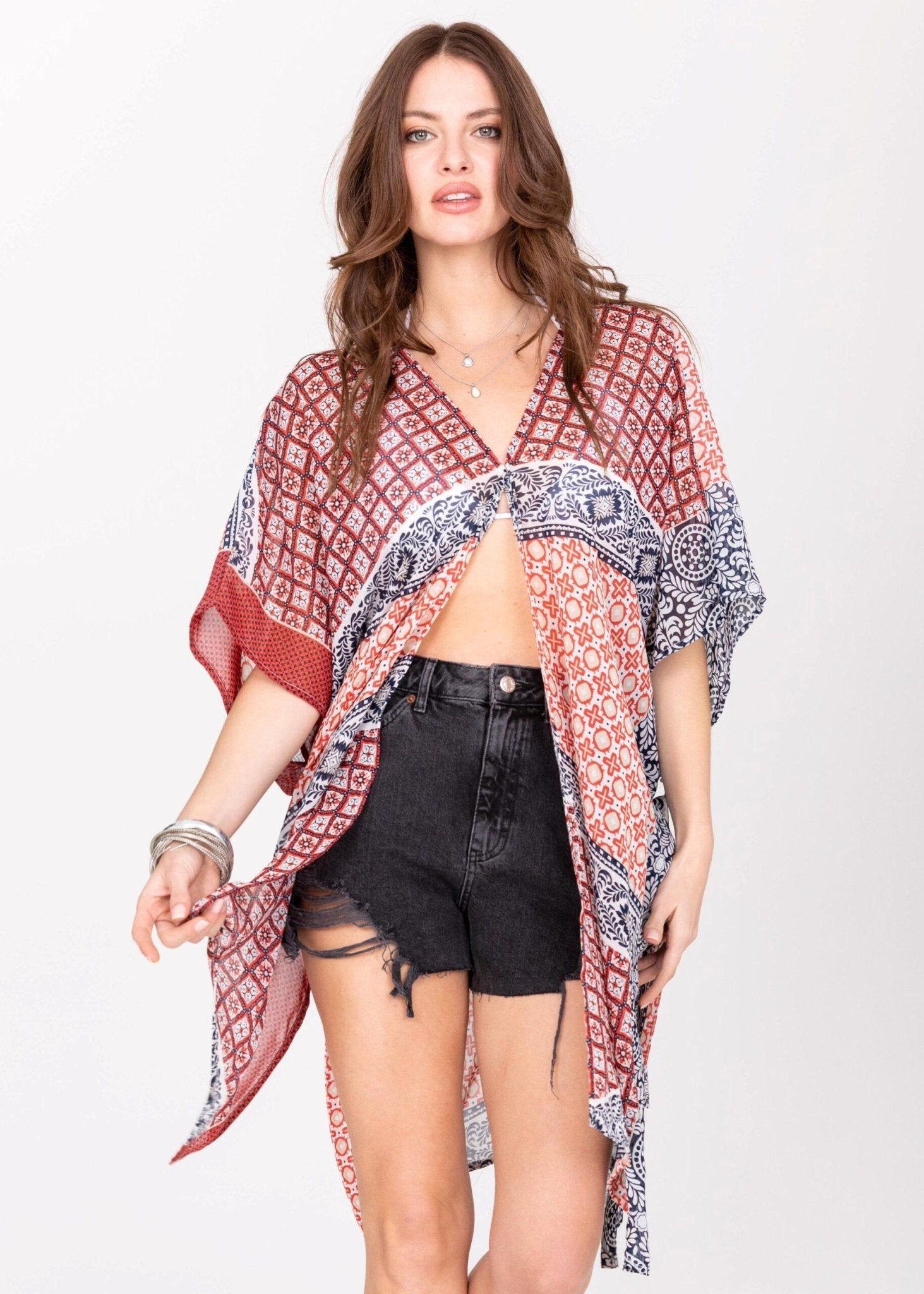 Kimono Cover Up with Belt in Red & Blue Marrakesh Print - likemary