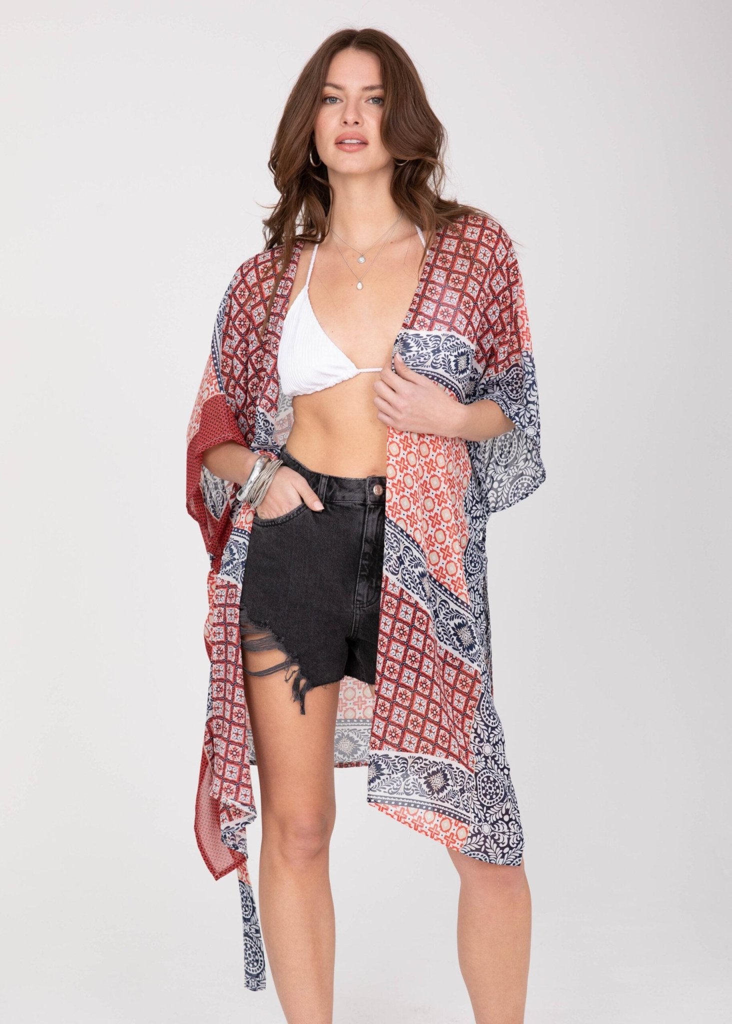 Kimono Cover Up with Belt in Red & Blue Marrakesh Print - likemary