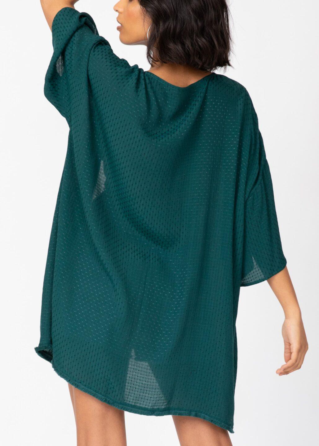 Kimono Cover Up with Fringing in Emerald Green - likemary