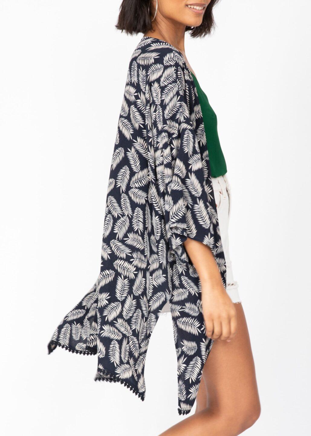 Kimono Cover Up with Lace Trim in Midnight Blue & White Leaves - likemary