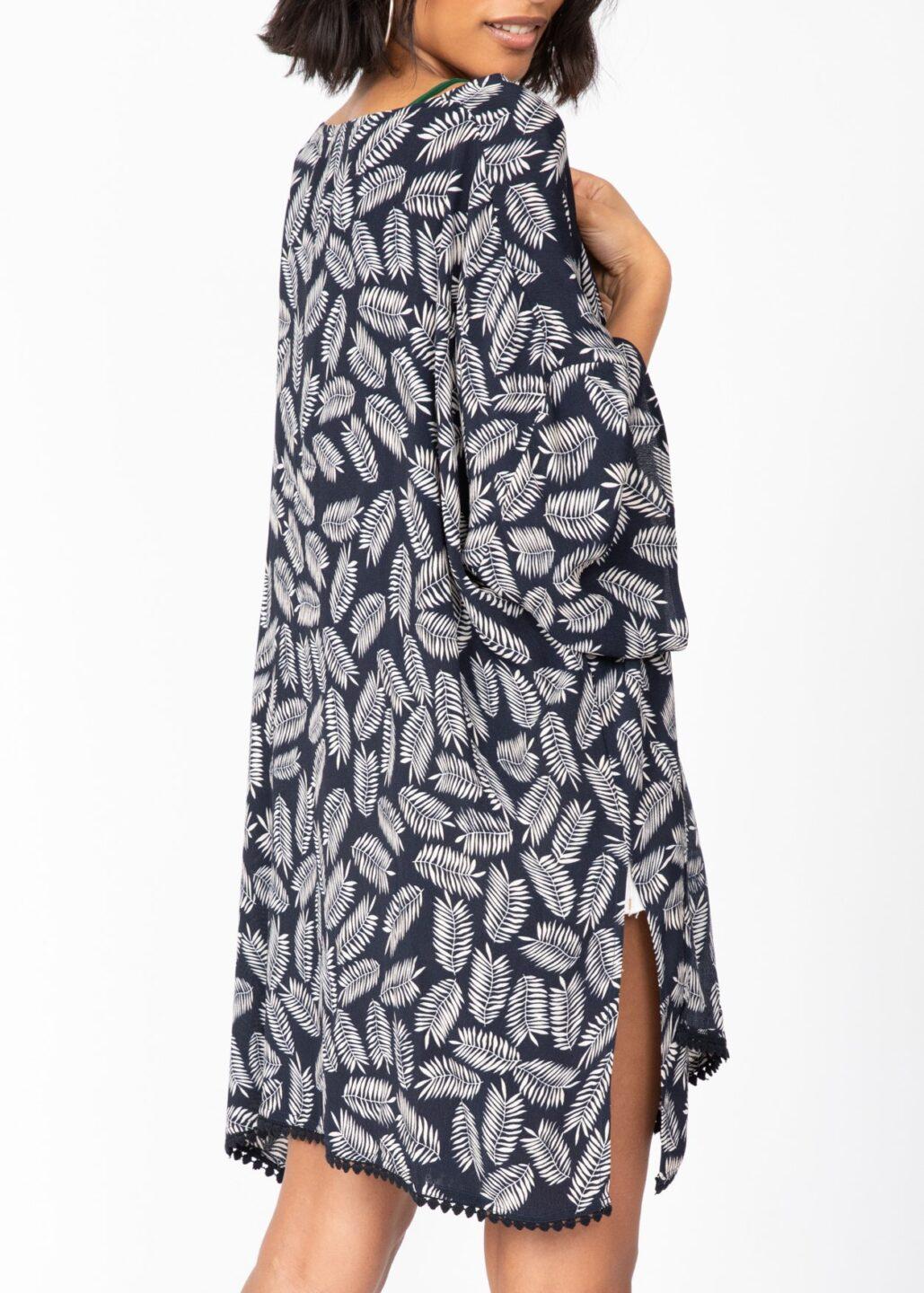 Kimono Cover Up with Lace Trim in Midnight Blue & White Leaves - likemary