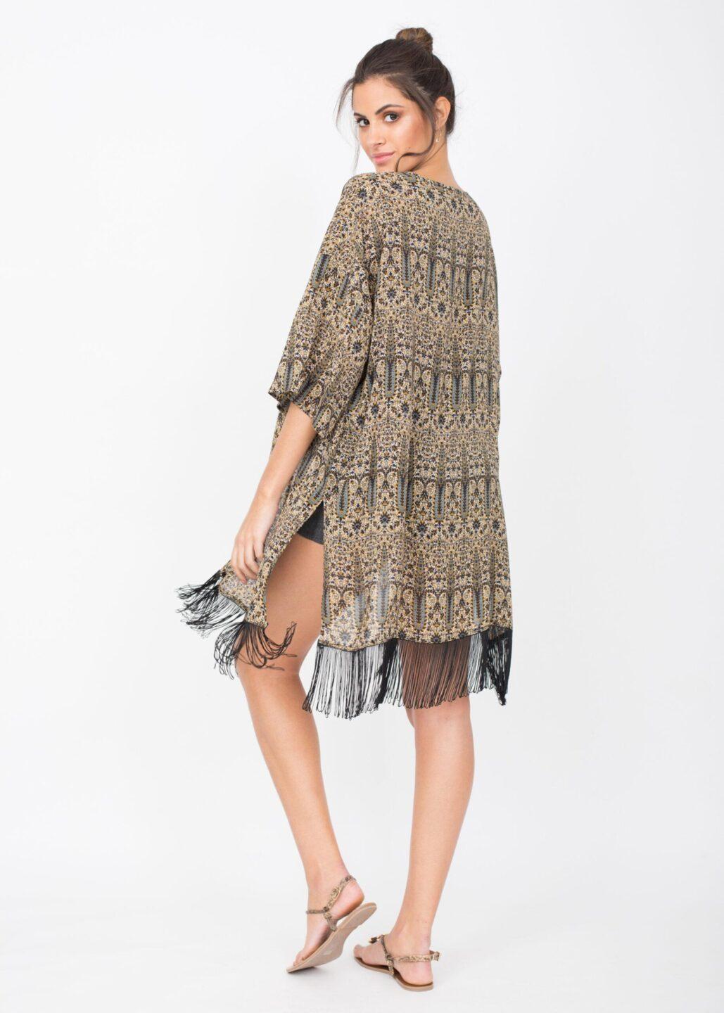 Kimono Cover Up With Tassels Paisely Print - likemary