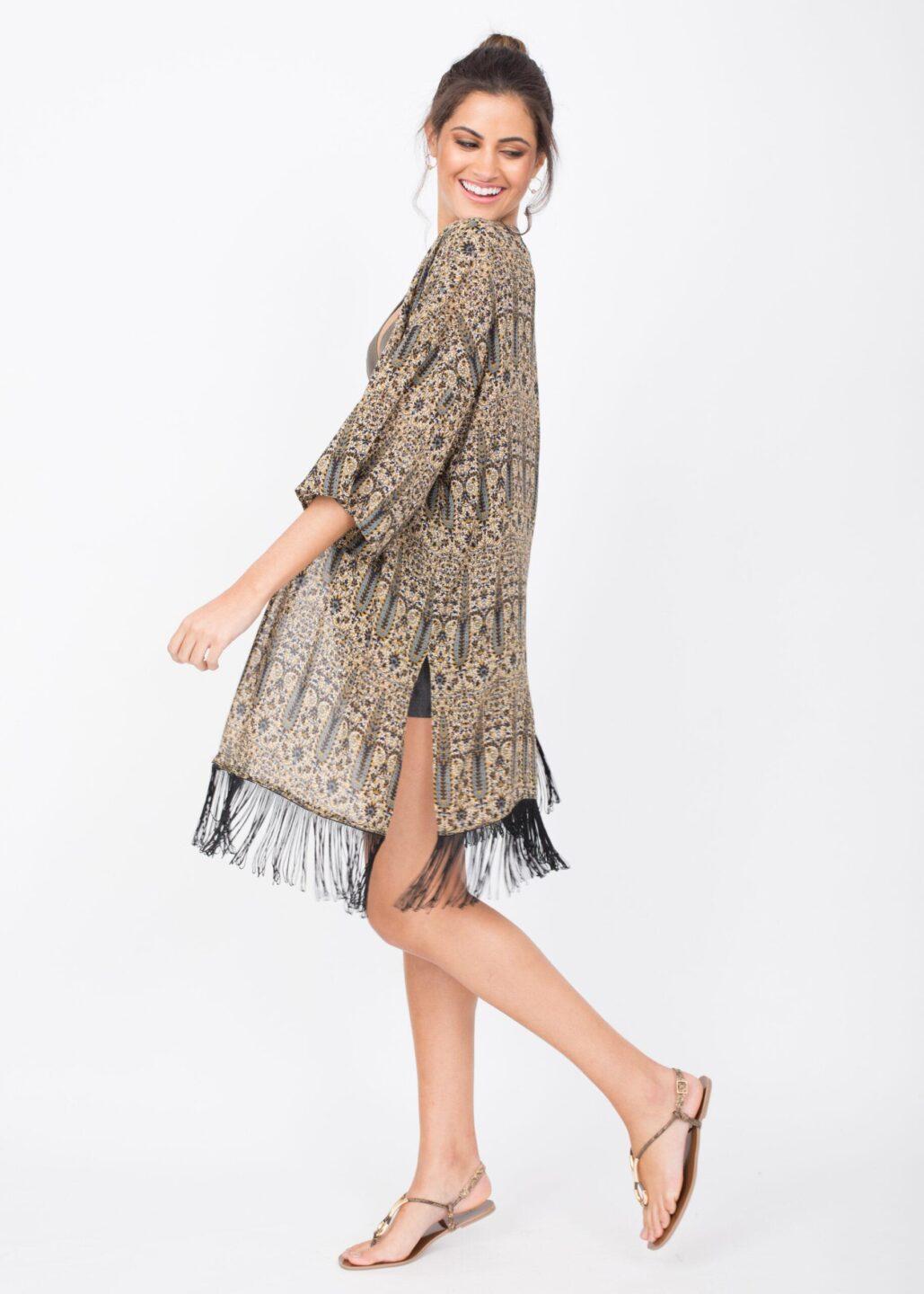 Kimono Cover Up With Tassels Paisely Print - likemary