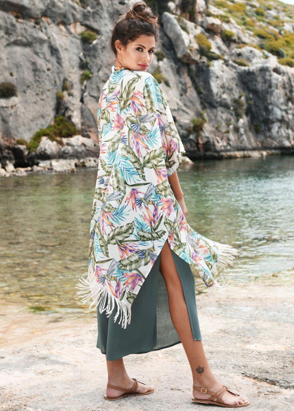 Kimono Cover Up With Tassels Tropical Floral Print White - likemary