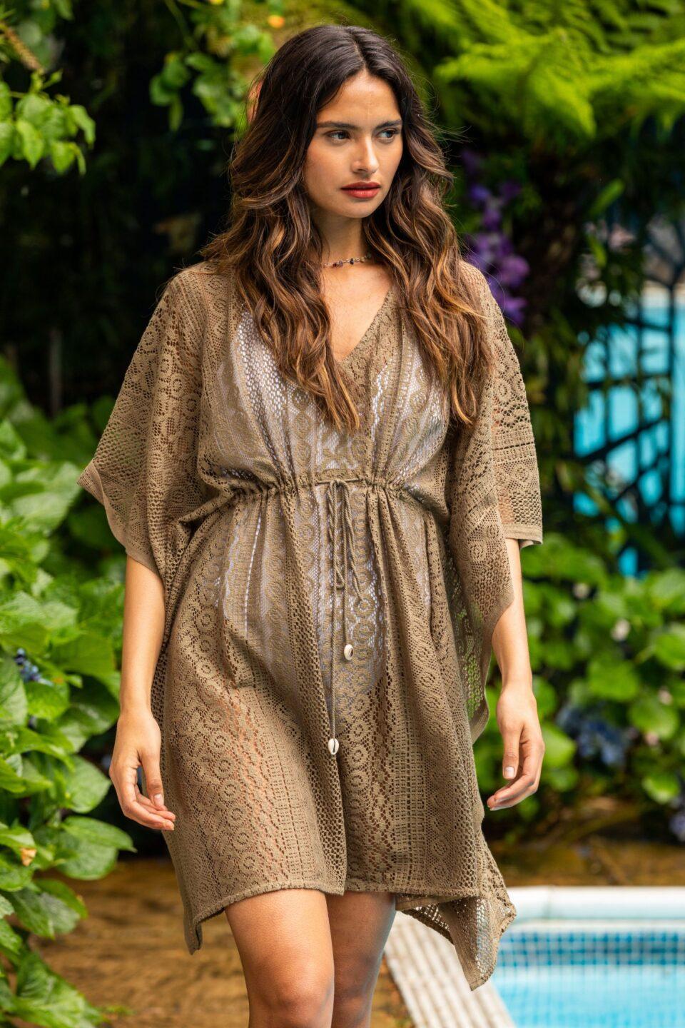 Lace Cotton Kaftan Cover Up in Khaki - likemary