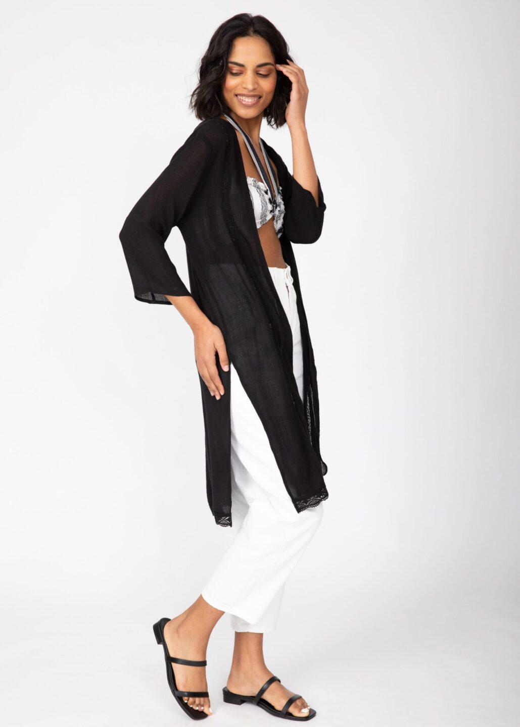 Lace Trim Crinkle Summer Kimono Kaftan Black - likemary