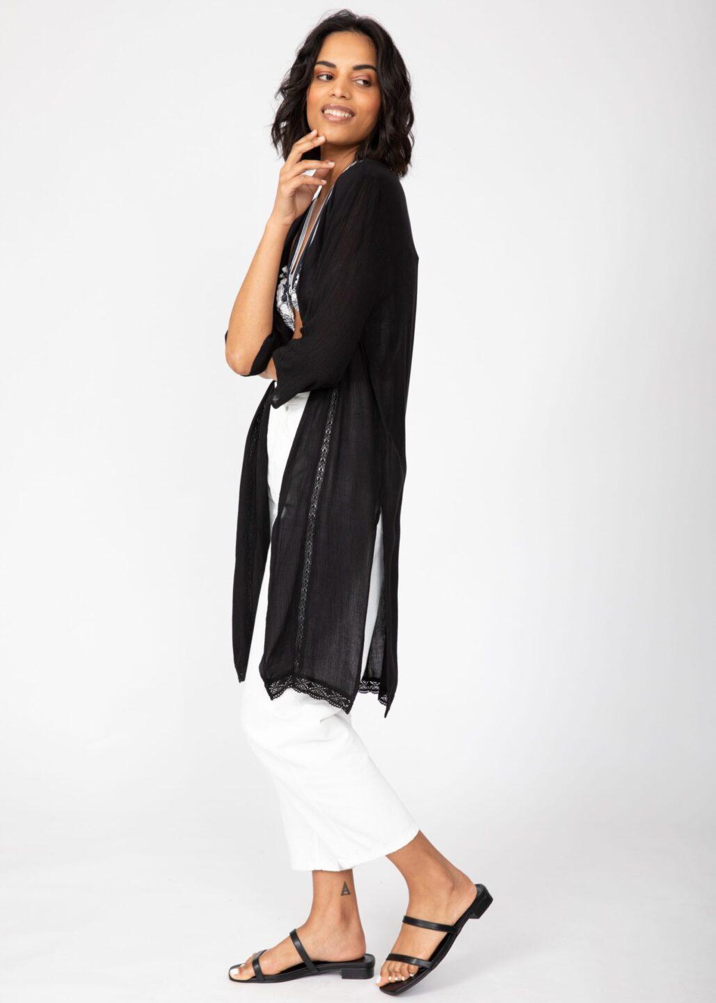 Lace Trim Crinkle Summer Kimono Kaftan Black - likemary