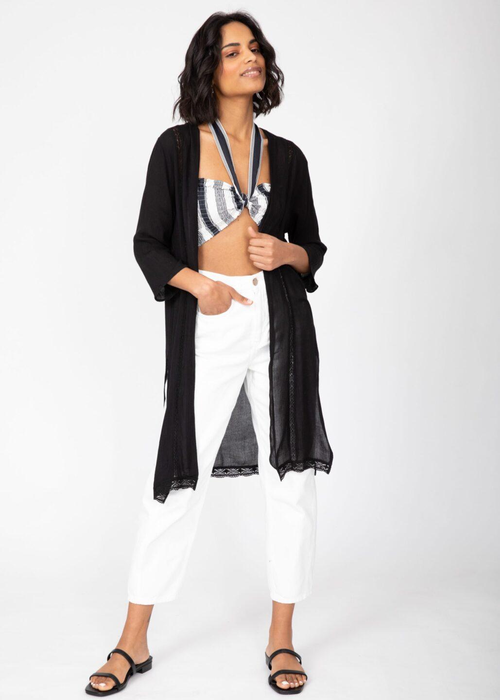 Lace Trim Crinkle Summer Kimono Kaftan Black - likemary