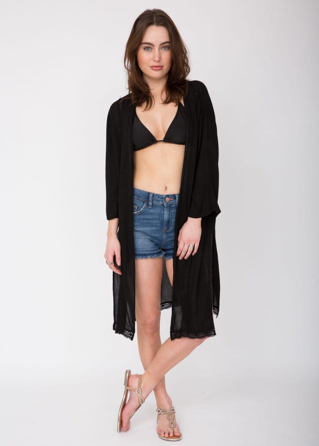 Lace Trim Crinkle Summer Kimono Kaftan Black - likemary
