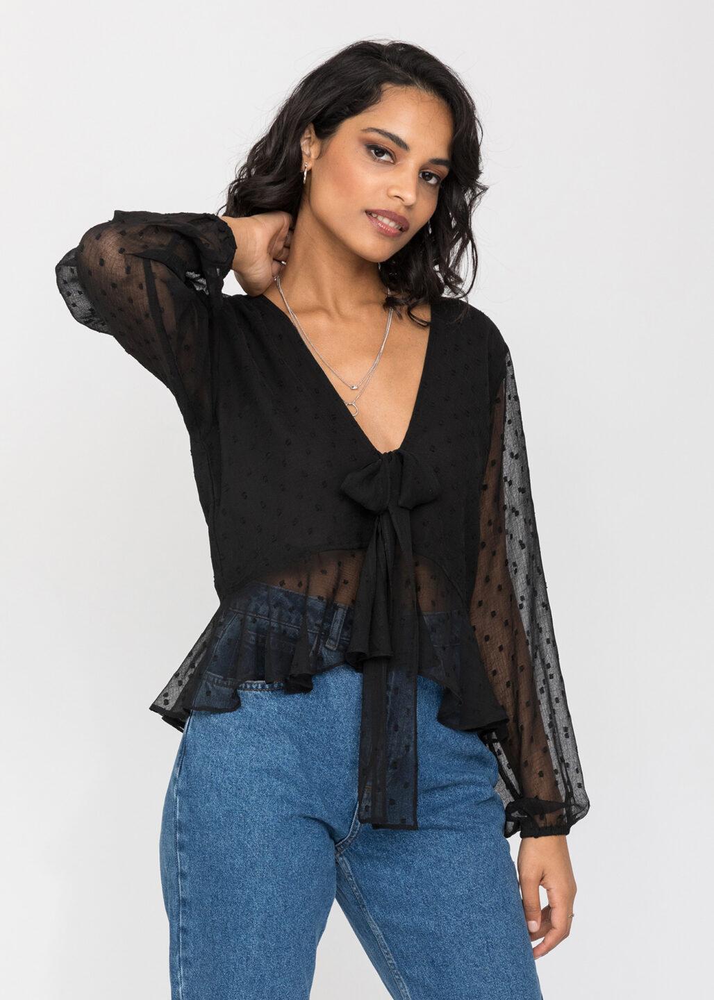 Long Puff Sheer Sleeve Butterfly Top In Black - likemary