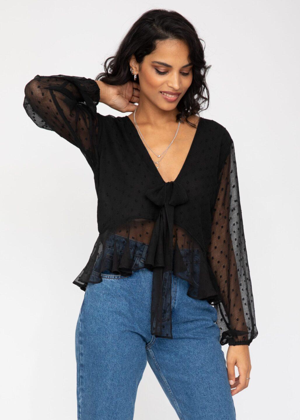 Long Puff Sheer Sleeve Butterfly Top In Black - likemary