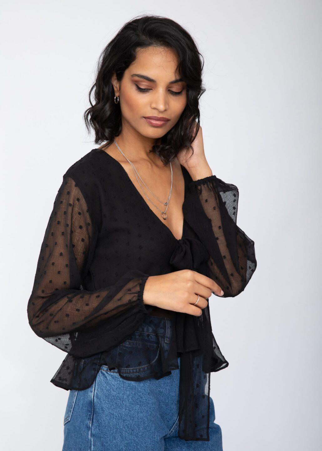 Long Puff Sheer Sleeve Butterfly Top In Black - likemary