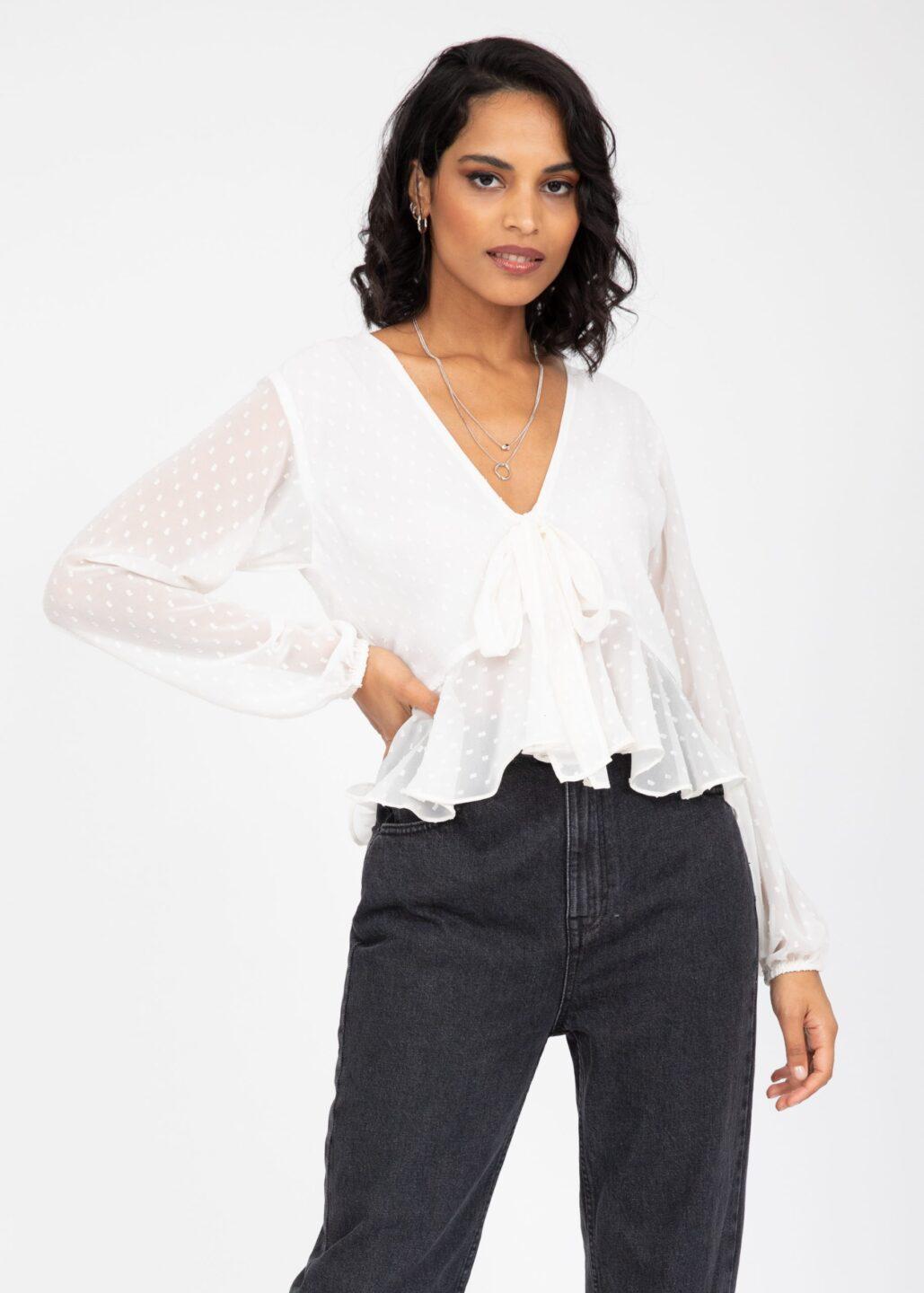 Long Puff Sleeve Butterfly Top In Ivory White - likemary
