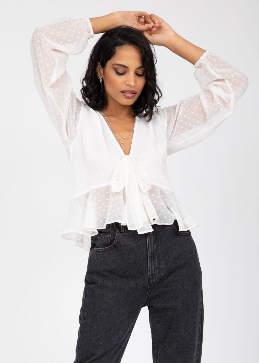 Long Puff Sleeve Butterfly Top In Ivory White - likemary