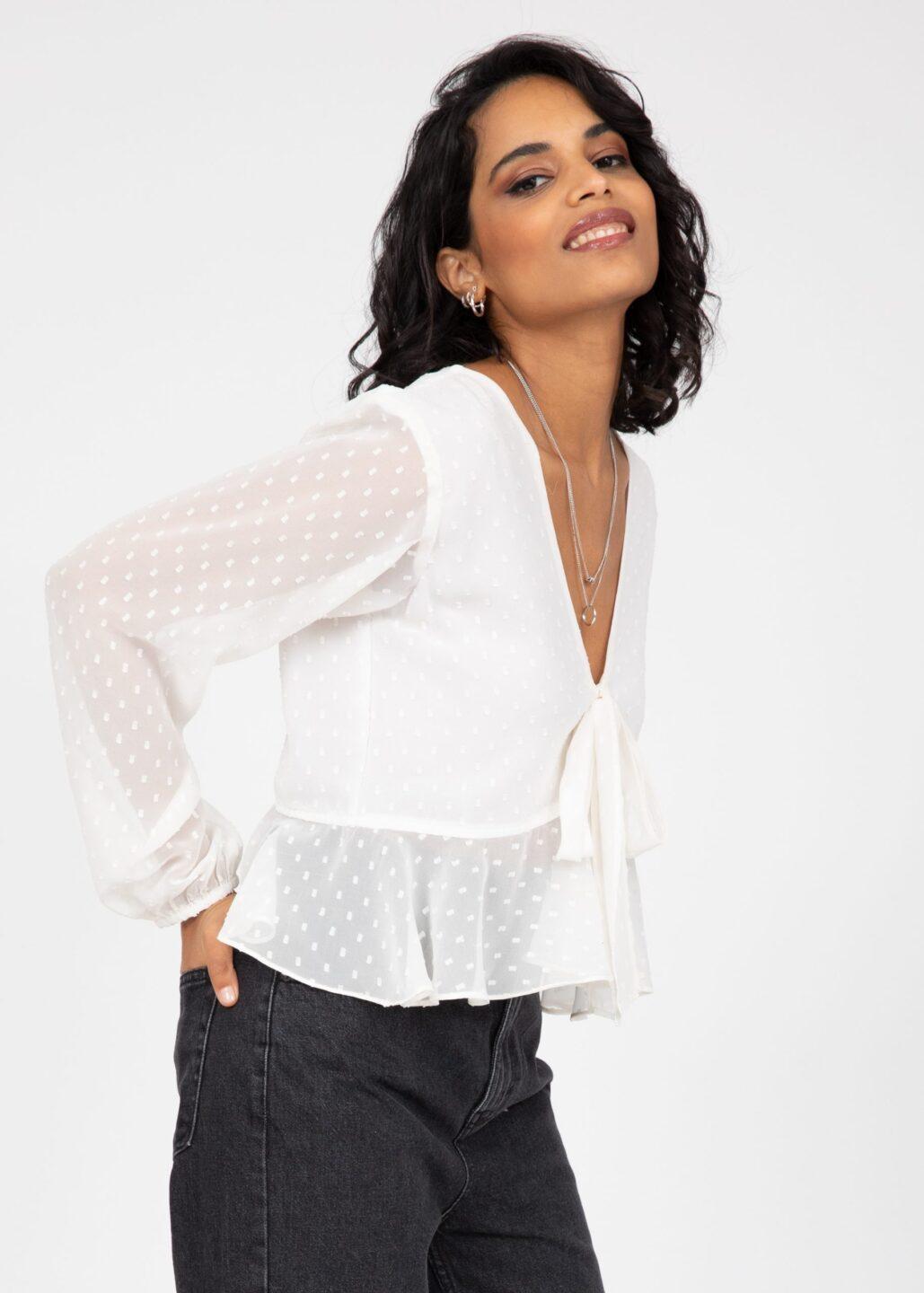 Long Puff Sleeve Butterfly Top In Ivory White - likemary