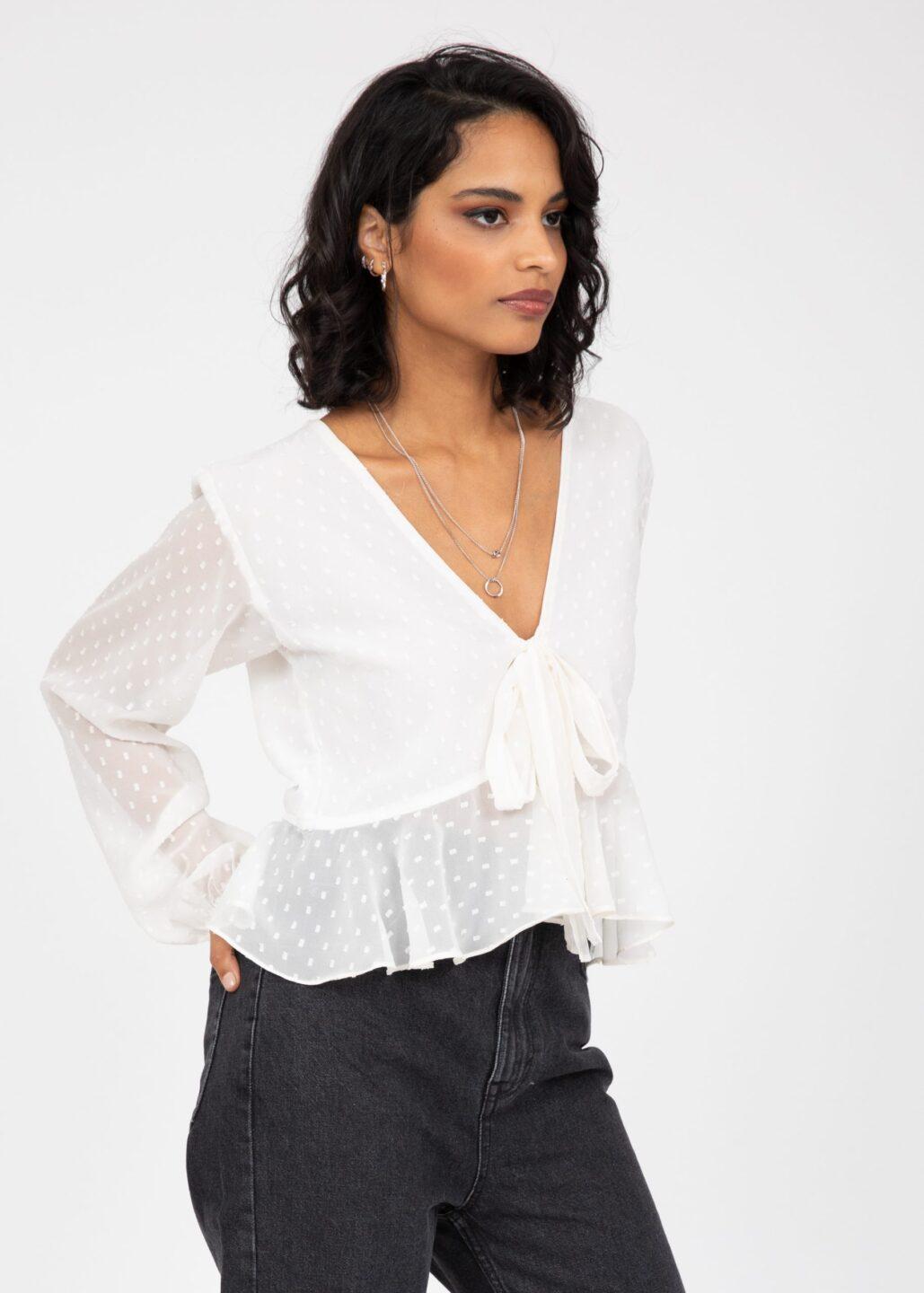 Long Puff Sleeve Butterfly Top In Ivory White - likemary
