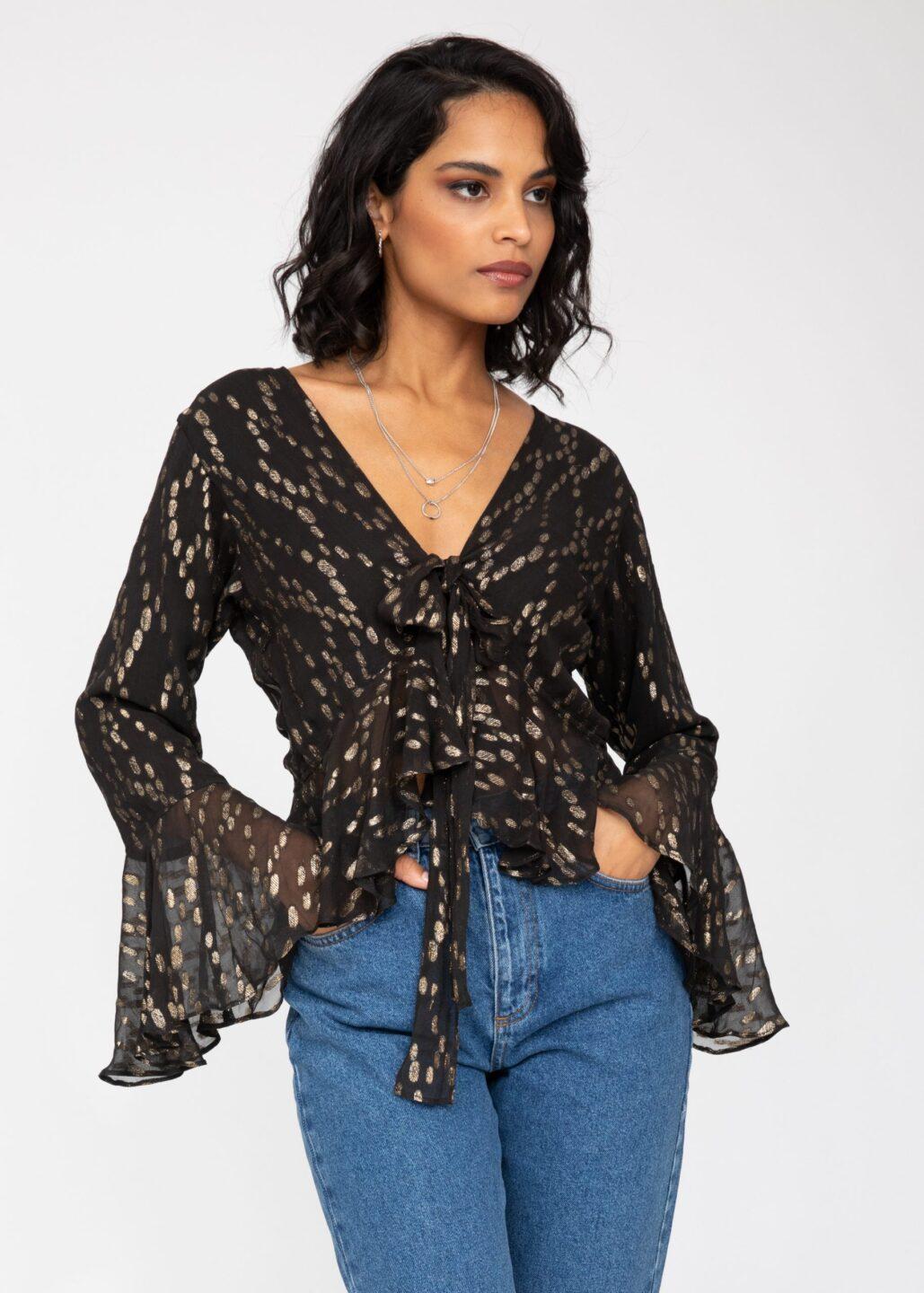 Long Trumpet Sleeve Butterfly Top In Black and Gold - likemary