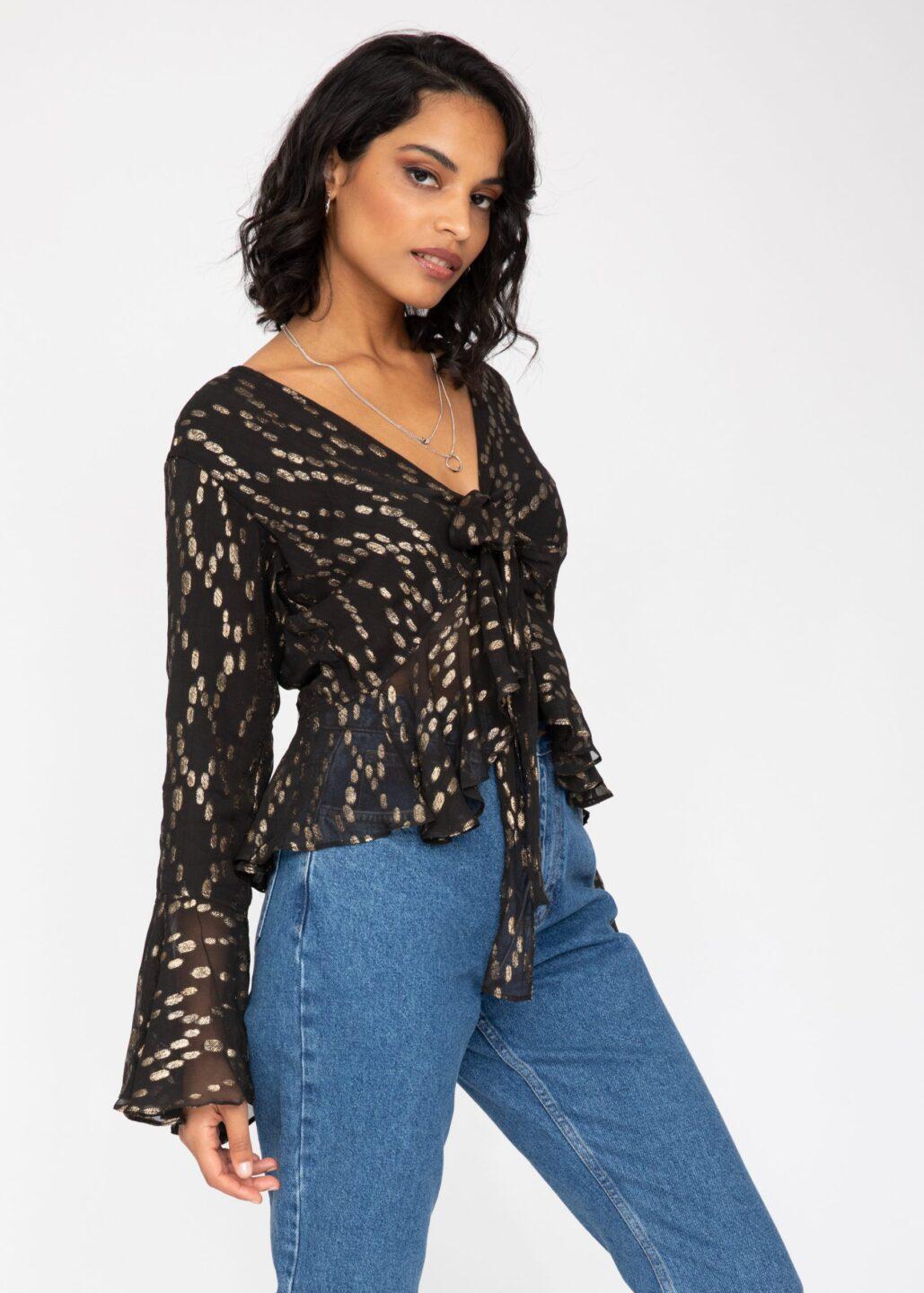 Long Trumpet Sleeve Butterfly Top In Black and Gold - likemary