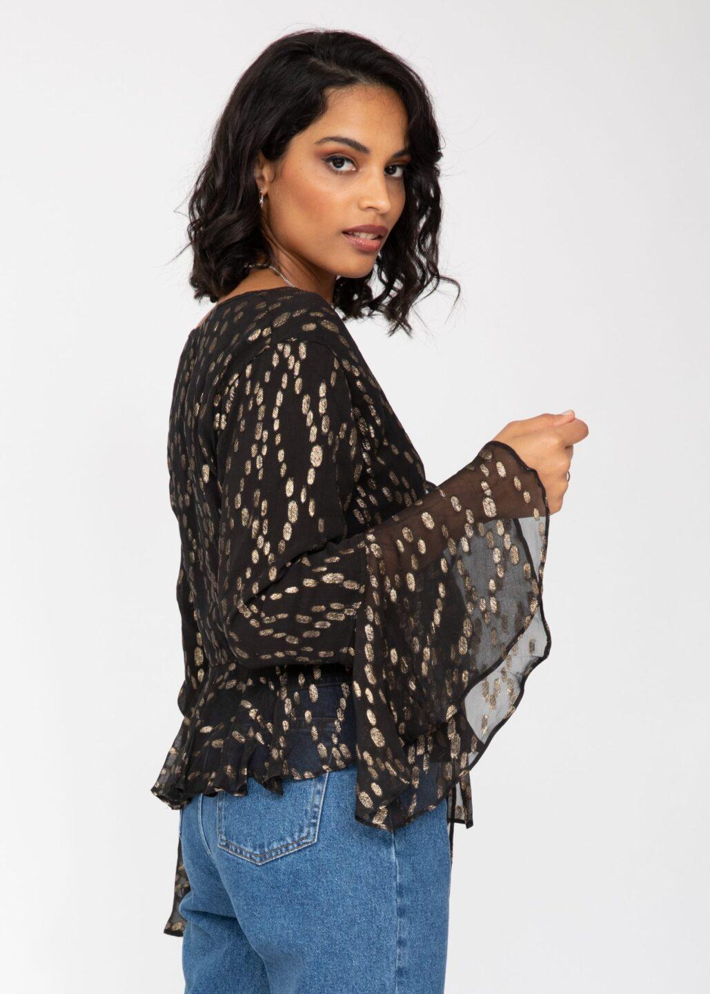 Long Trumpet Sleeve Butterfly Top In Black and Gold - likemary