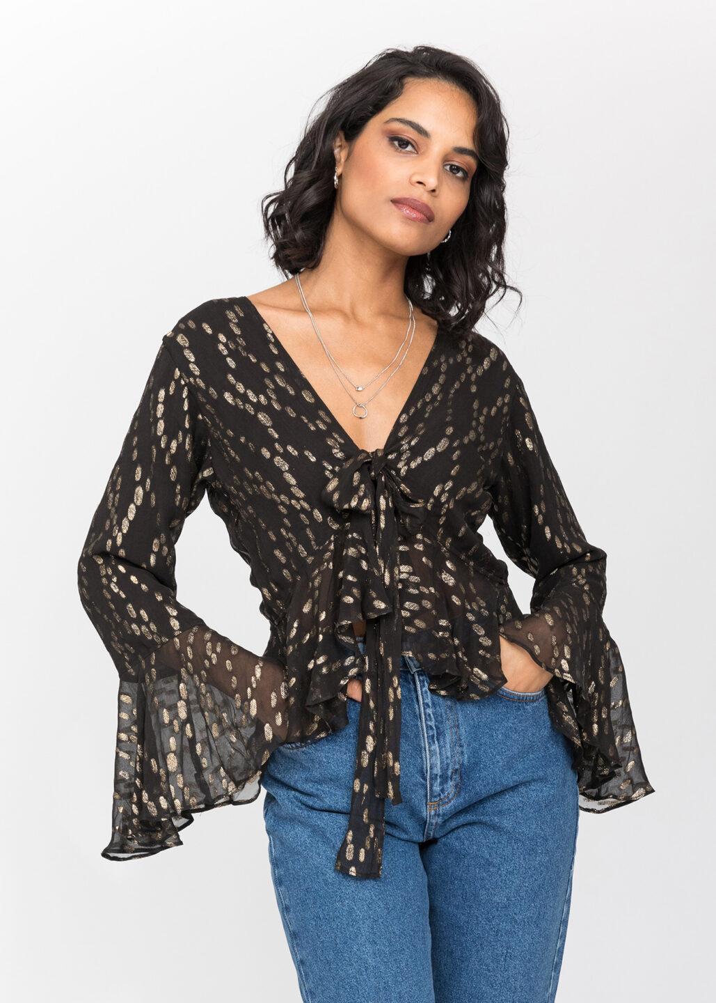Long Trumpet Sleeve Butterfly Top In Black and Gold - likemary