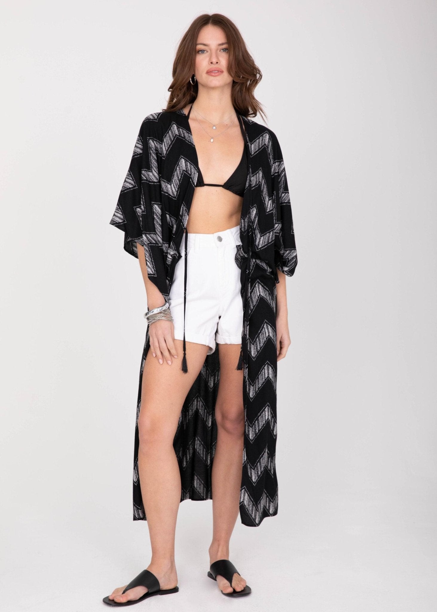 Maxi Black Arrows Print Kimono Cover Up - likemary