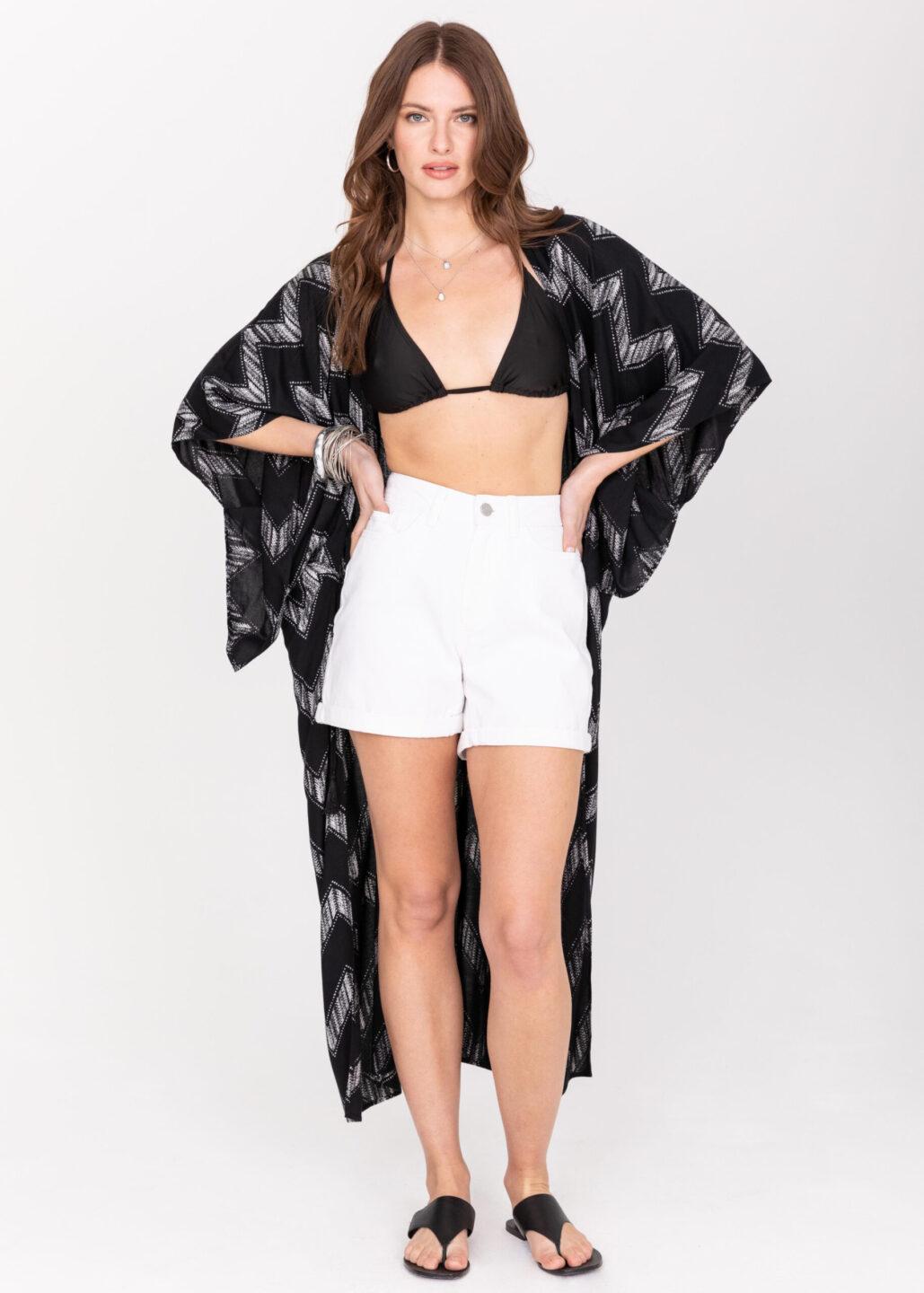 Maxi Black Arrows Print Kimono Cover Up - likemary