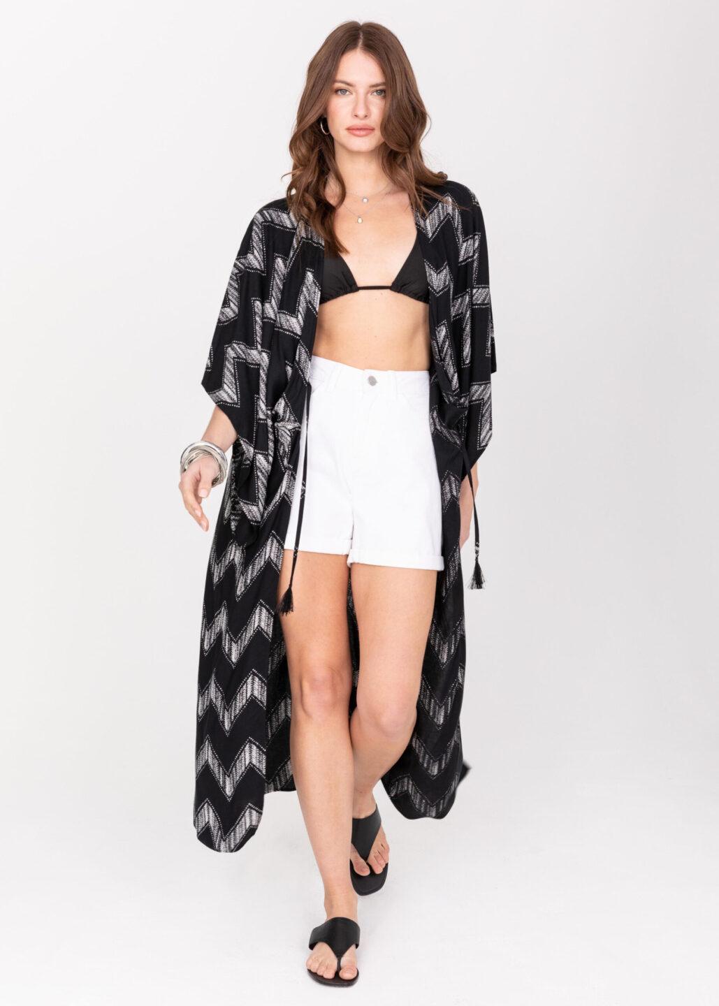 Maxi Black Arrows Print Kimono Cover Up - likemary