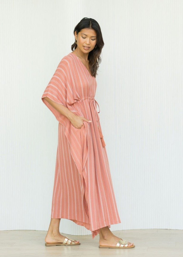 Maxi Kaftan Dress with Pockets in Coral Pink Stripes - likemary