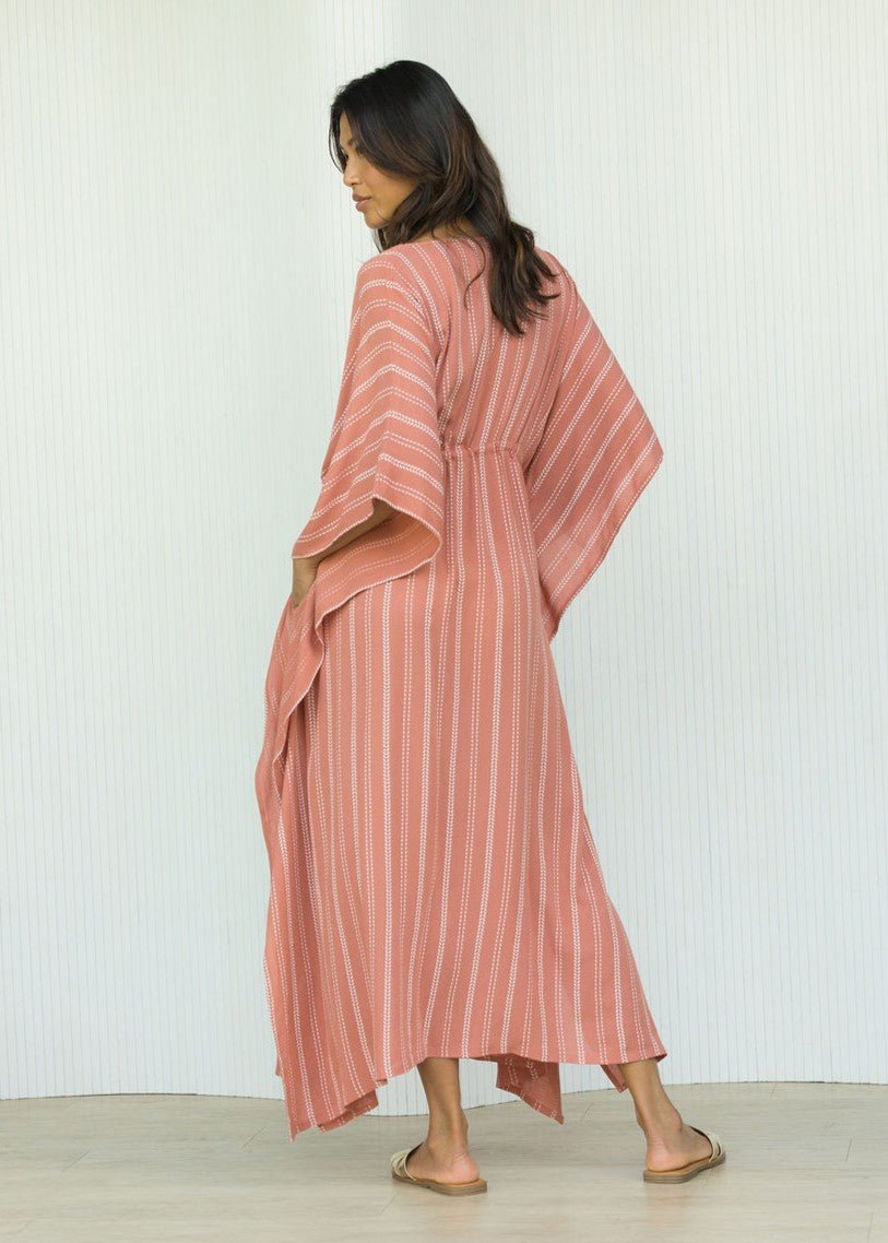 Maxi Kaftan Dress with Pockets in Coral Pink Stripes - likemary