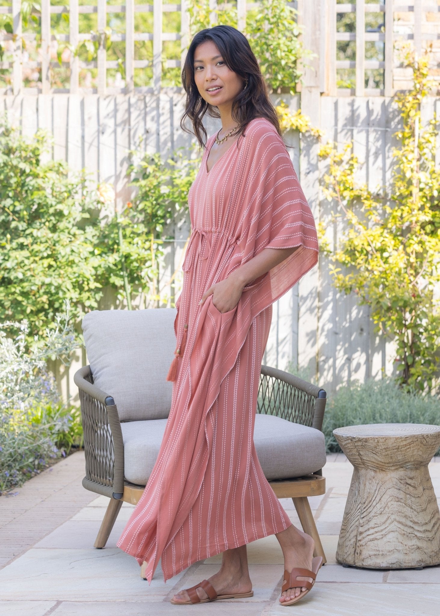 Maxi Kaftan Dress with Pockets in Coral Pink Stripes - likemary