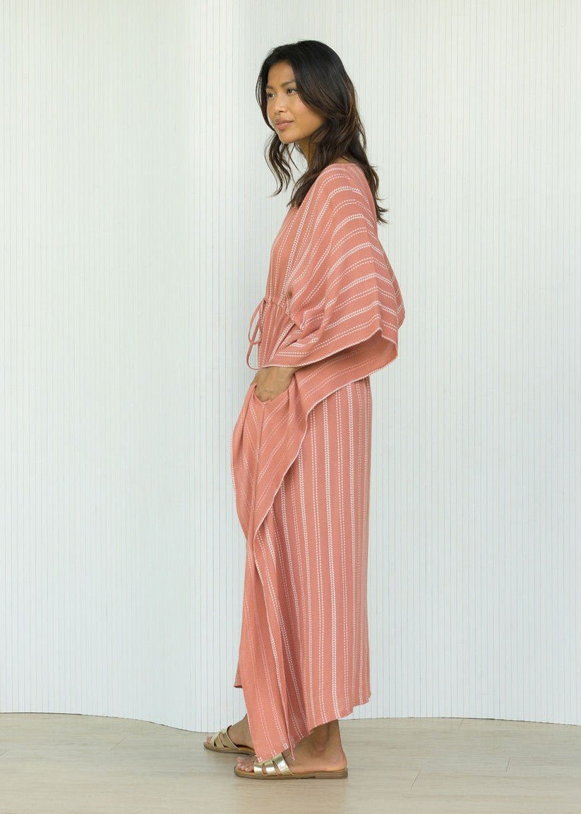 Maxi Kaftan Dress with Pockets in Coral Pink Stripes - likemary
