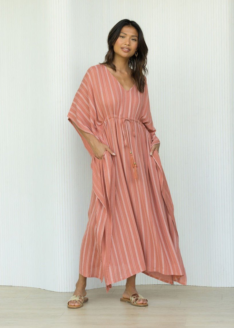 Maxi Kaftan Dress with Pockets in Coral Pink Stripes - likemary