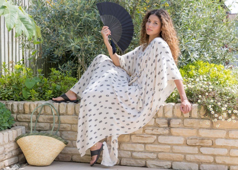 Maxi Kaftan Dress with Pockets in Cream & Ikat Motif - likemary