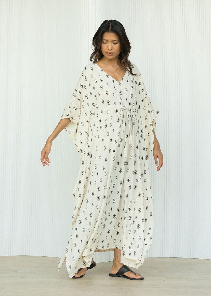 Maxi Kaftan Dress with Pockets in Cream & Ikat Motif - likemary
