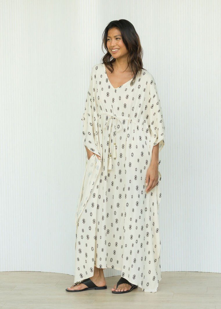 Maxi Kaftan Dress with Pockets in Cream & Ikat Motif - likemary