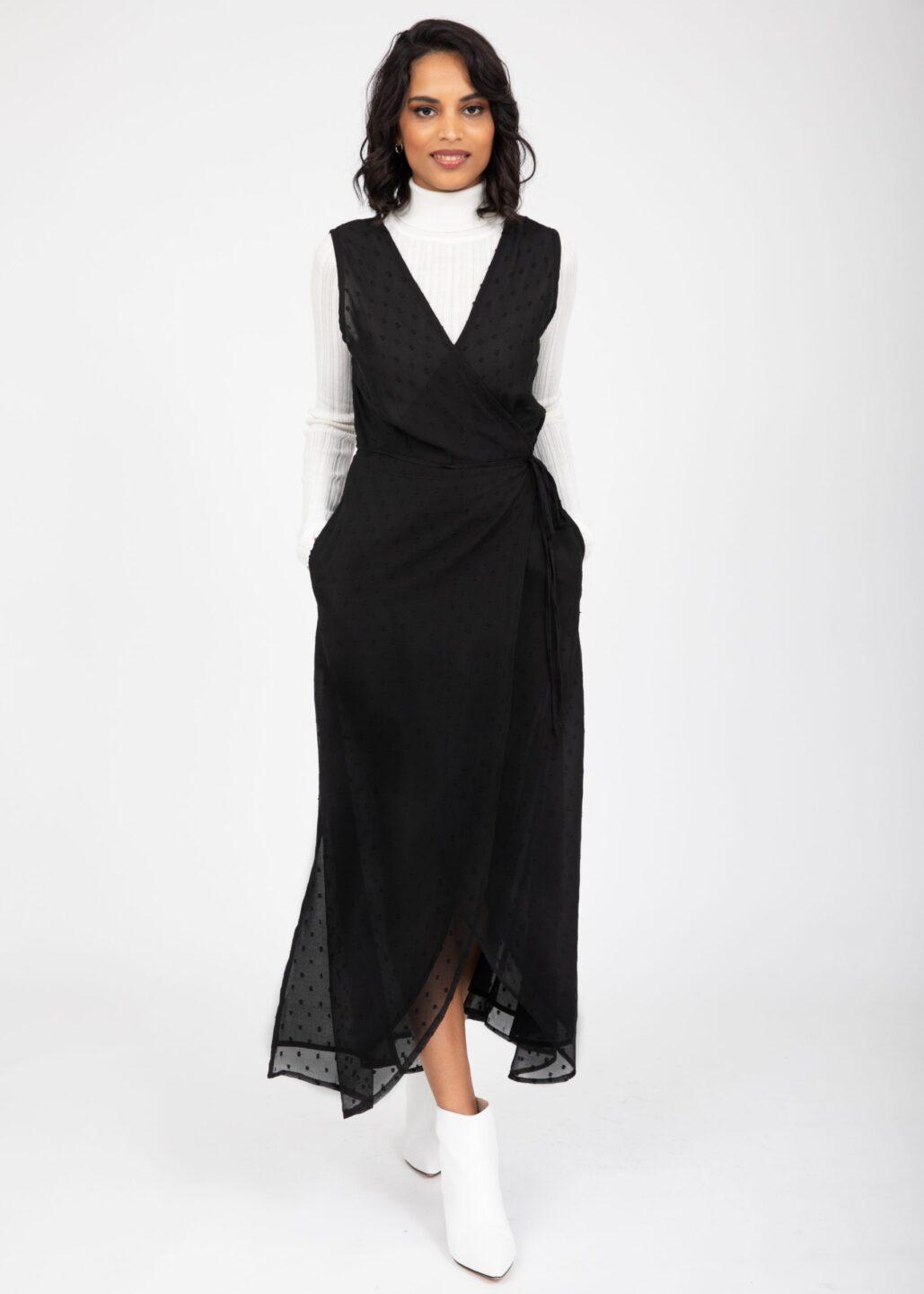 Maxi Wrap Dress with Side Slits in Swiss Dot Black - likemary