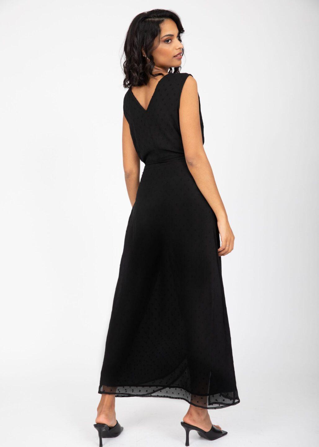 Maxi Wrap Dress with Side Slits in Swiss Dot Black - likemary
