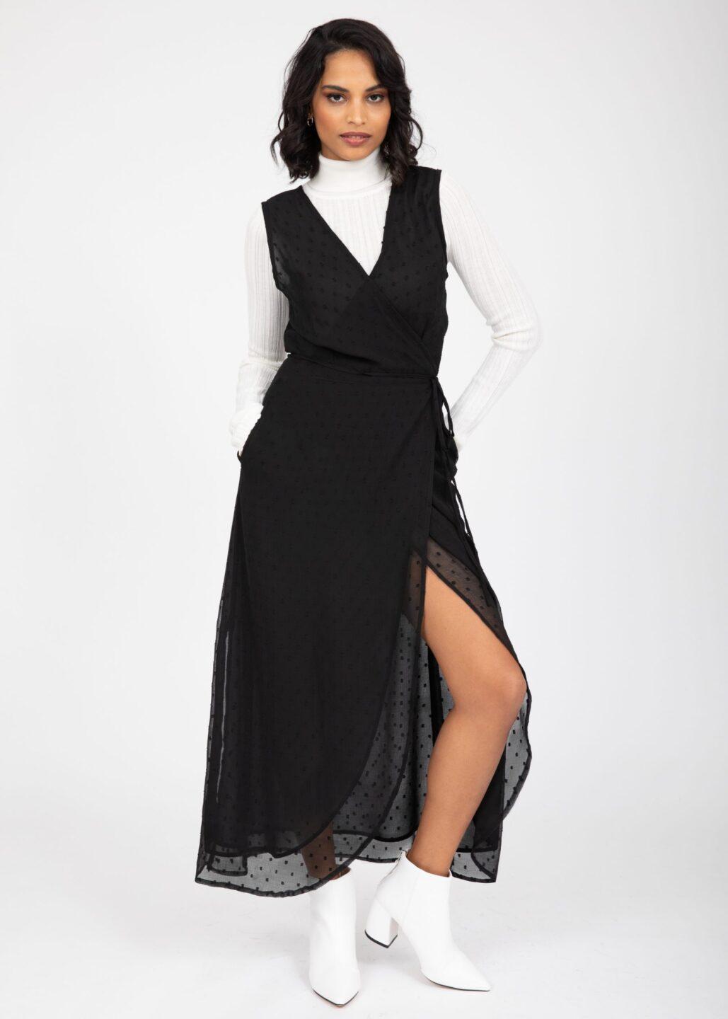Maxi Wrap Dress with Side Slits in Swiss Dot Black - likemary