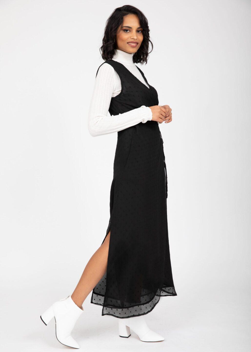 Maxi Wrap Dress with Side Slits in Swiss Dot Black - likemary