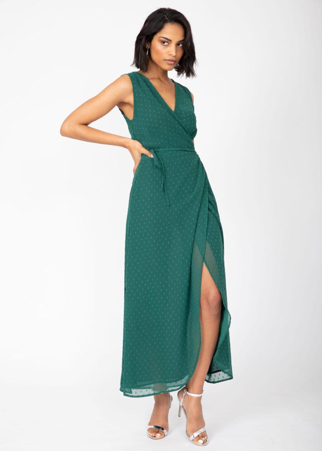 Maxi Wrap Dress With Side Split in Emerald Green - likemary