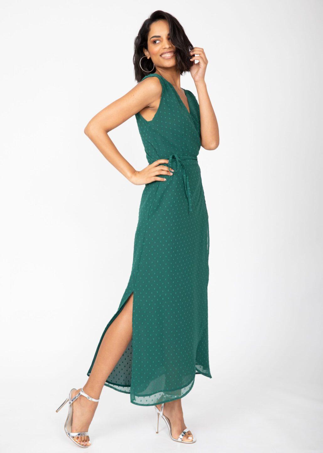 Maxi Wrap Dress With Side Split in Emerald Green - likemary