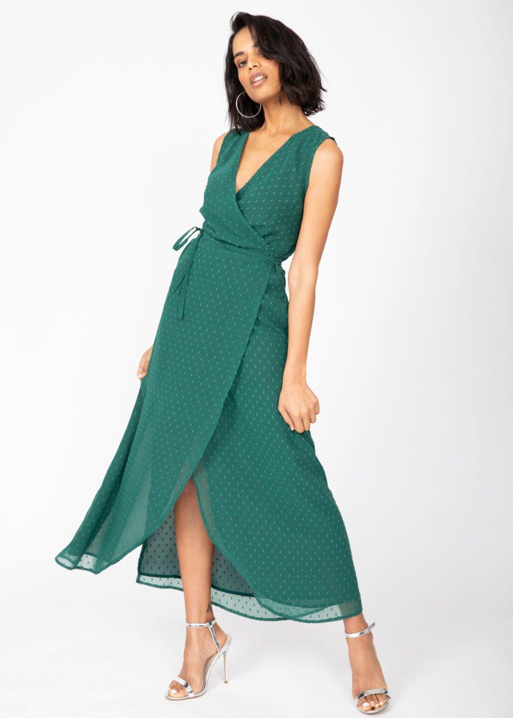 Maxi Wrap Dress With Side Split in Emerald Green - likemary